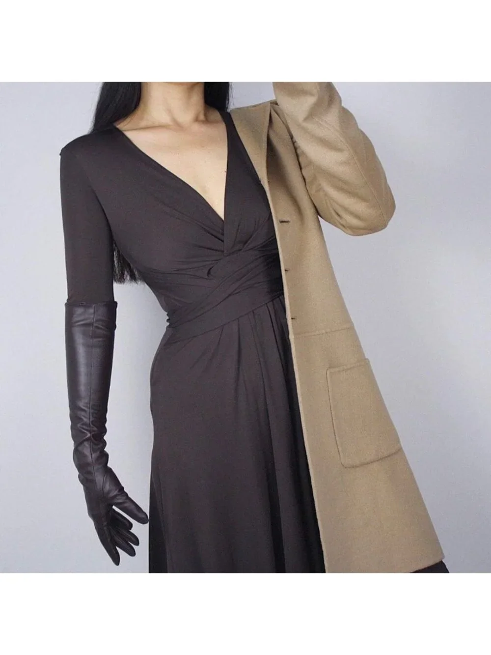 Long Black Faux Leather Gloves for Women - 20-Inch Over Elbow Winter Arm Warmers